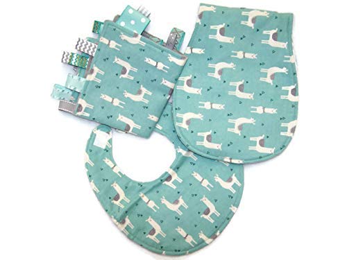 Image of Mint Green and Grey Llama Bib, Burp Cloth & Lovie Baby Gift Set
