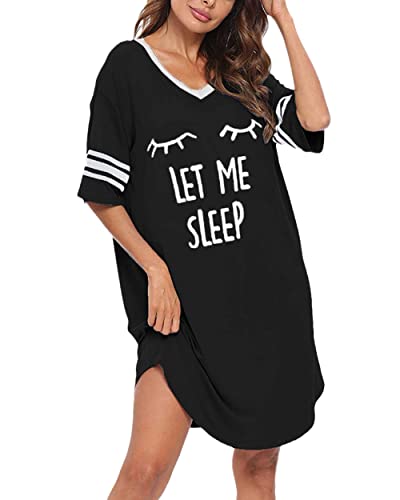 KAMONG Sleep Shirts for Women Short Sleeve Cotton Novelty Night Shirts V Neck Oversized Nightgowns Cute Printed Nightdress