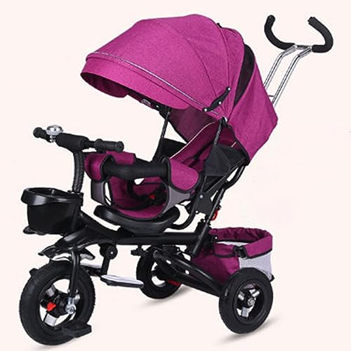 Kids Tricycle,Tricycle Stroller,Kid Stroller,4 in 1 Kids Trike,Folding Kids Tricycle Stroller with Push Handle,Removable Canopy,Rotatable Seat,Rubber Wheels,Black+Purple,Rubber Wheel