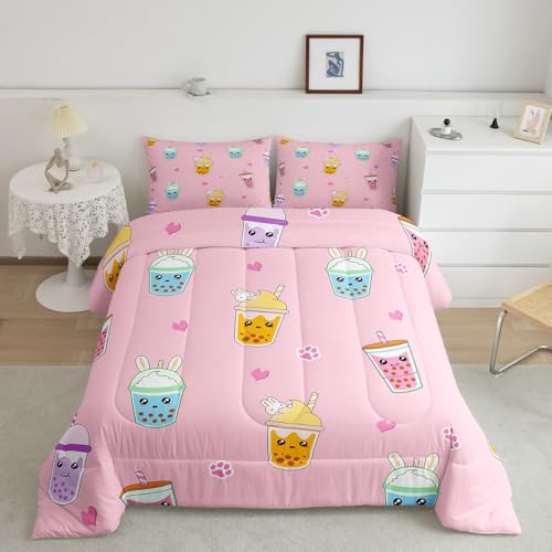 Image of Feelyou King Size Milk Tea Comforter Set - Cartoon Bubble Tea Bedding for Kids, Boys, Girls, Adults - 3Pcs Pearls Duvet Insert for Bedroom Decor