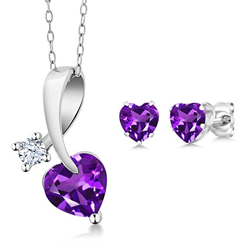 Gem Stone King 925 Sterling Silver Purple Amethyst Heart Shape Pendant Earrings Set For Women (1.81 Cttw, Gemstone Birthstone, With 18 Inch Chain) #TOP15