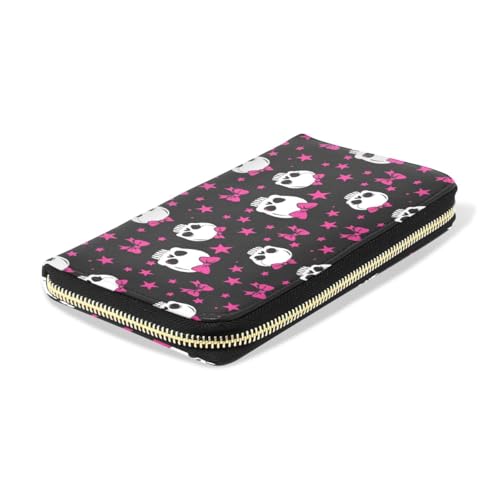 Long Wallets Leather Bifold Wallet for Women Skull Pink Bow with Zipper Credit Card Holder Large Capacity4