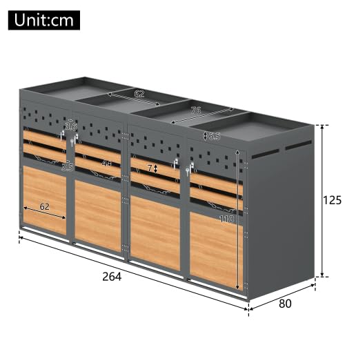 Merax Mülltonnenbox 4er Set mit Pflanzdach, für 120-240 Liter, Anthrazit Tür in Holzoptik, Erweiterbar, Garten Aufbewahrungsbox für Mülltonnen
