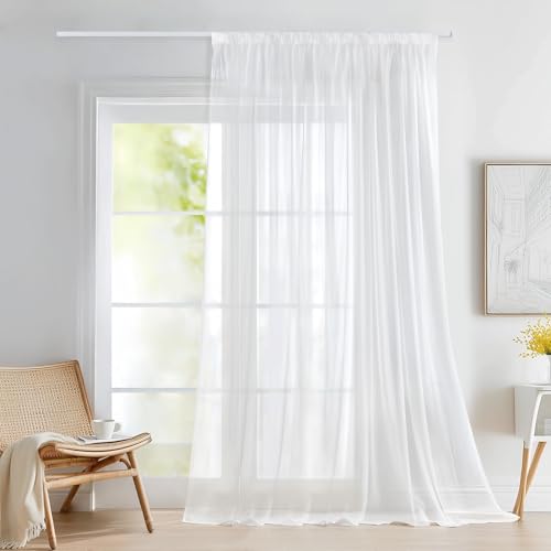 Deconovo Gardinen mit Kräuselband Voile Vorhang Wohnzimmer Transparent Vorhänge für Schlafzimmer Kinderzimmer Dekoschal Gardinenschals, 245x300 cm(HöhexBreite), Weiß, 1 Stück