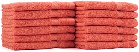 AKTI Premium Cotton Wash Cloths, Pack of 12, 13x13 Inches, 520 GMS, Durable, Quick Dry & Extra Absorbent Cleaning Cloth for Home, Spa, Hotel, Bathroom & Kitchen – Peach Washcloths