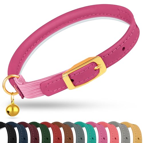 OOPSDOGGY Rolled Leather Cat Collar with Bell - Reflective Kitten Collar with Safety Elastic Strap - Adjustable Small Pet Collars for Boy Girl Cats (Fuchsia)