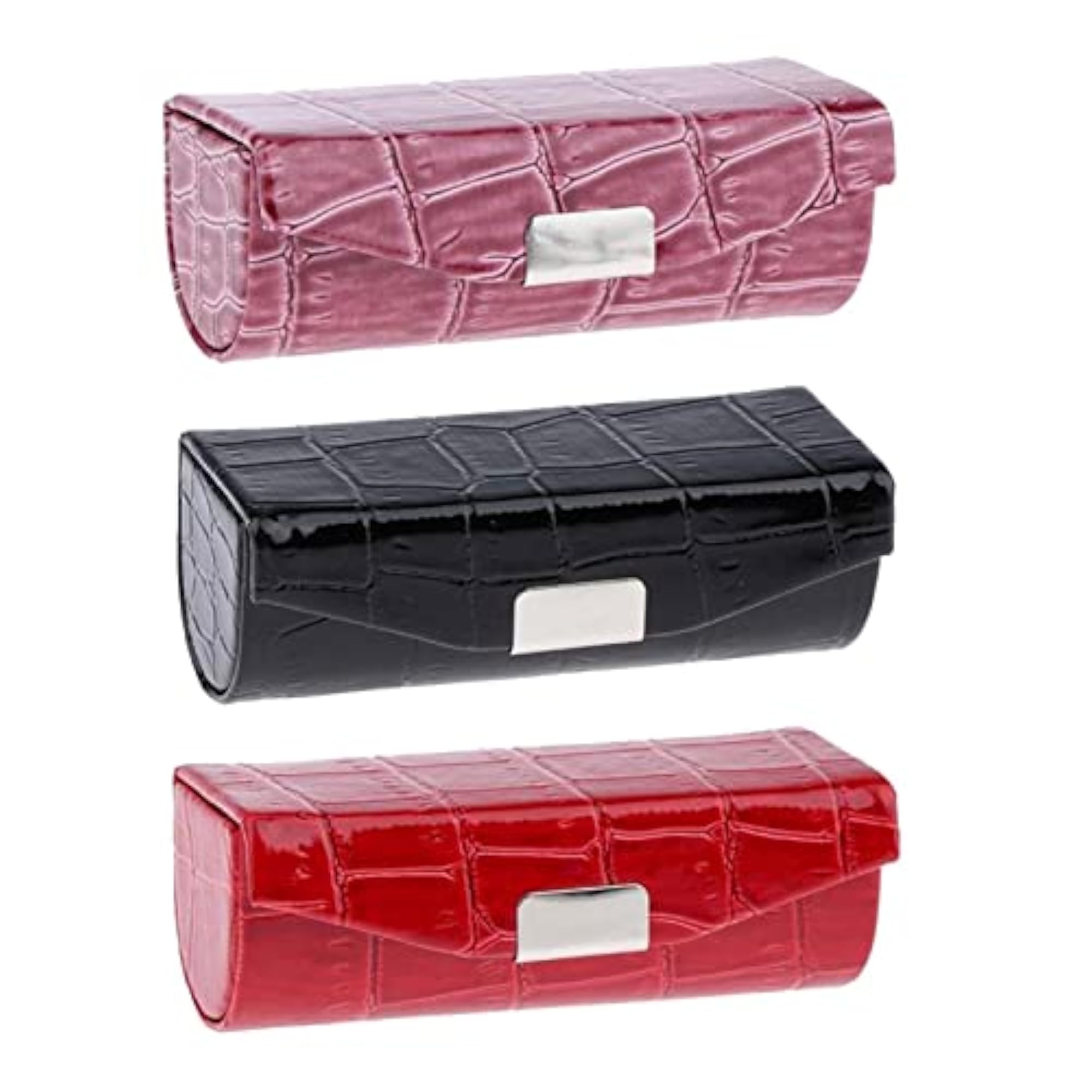 3X PU Leather Lipstick Case Holder, Dark Brown, Black, Red