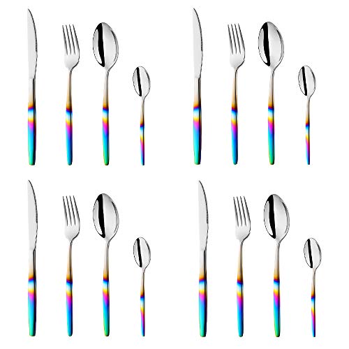 BISDARUN Stainless Steel Flatware Rainbow Coloured Handle Iridescent Cutlery Set 16 Piece Silverware Service for 4 Dinner Spoon Fork Knives Set for Party Outdooor Camping Travel Dishwasher Safe