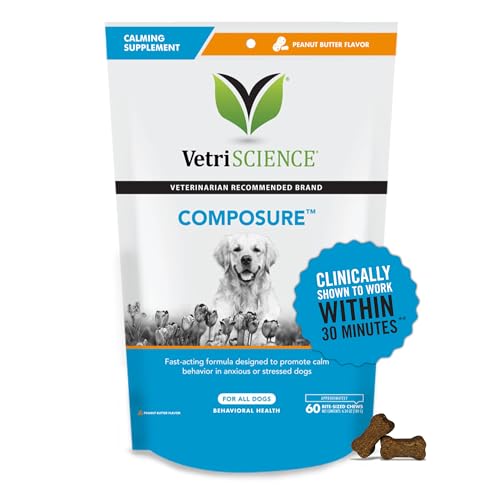 VETRISCIENCE Composure Calming Chews for Dogs - Clinically Proven Dog Anxiety Relief Supplement with Colostrum, L-Theanine & Vitamin B1 for Stress, Storms, Separation & More - 60 Peanut Butter Chews