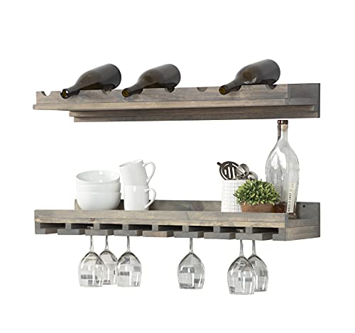 del Hutson Designs Rustic Luxe Tiered 36 Inch Real Solid Wood Wine Glass and Bottle Rack, Holds 16 Glasses and 8 Bottles, Set of 2 Shelves, Grey