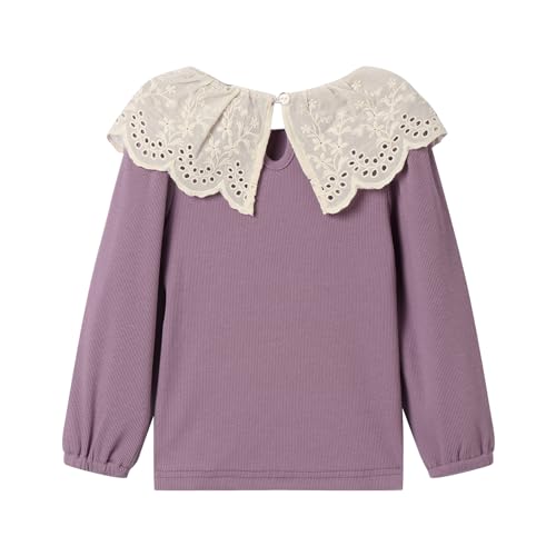 Image of LittleSpring Girls Ribbed Knit Long Sleeve Tshirt with Lace Ruffle Collar