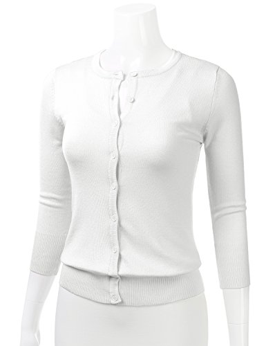 Floria Women's Button Down 3/4 Sleeve Crew Neck Knit Cardigan Sweater White M #TOP1