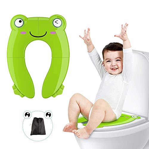 Reductor wc niños, Besfair Tapa plegable wc niños, Asiento de inodoro viaje, Orinal portátil bebés, con 4 Alfombras Antideslizantes, 2 Soportes Inferiores, Ideal para ir al baño. Verde