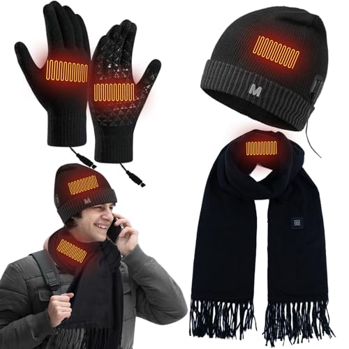 Heated Hat Scarf Gloves Set - 3 Pcs Winter Heated Gloves for Arthritis Hands Rechargeable Warming Beanie Scarf for Women Men (Black)
