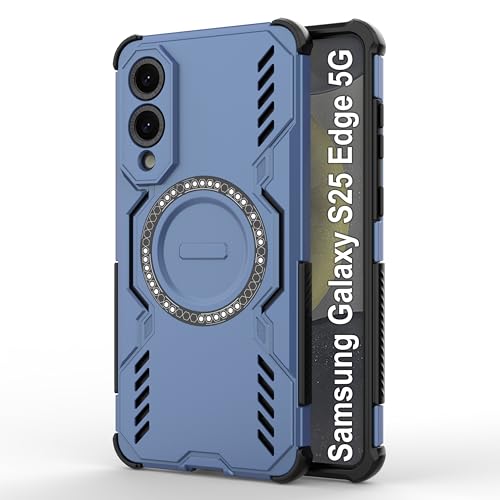 Image of amazon basics Back Case Cover for Samsung Galaxy S25 Edge 5G | Magnetic Case with Built-in Metal Ring | Supports Mag-Safe Charger, Wallet & Car Mount | Shockproof Hybrid PC + TPU | Blue
