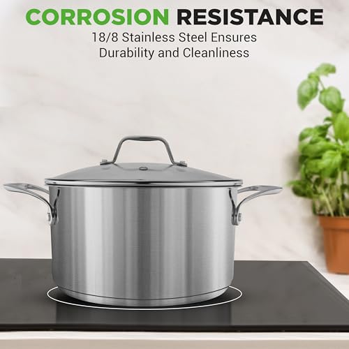 6-Quart Stainless Steel Stock Pot - 18/8 Food Grade Stainless Steel Heavy Duty Induction - Stock Pot, Stew Pot, Simmering Pot, Soup Pot with See-Through Lid, Dishwasher Safe - NutriChef NCSP6