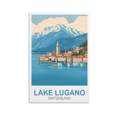 XLLYXYGJQ Luganer See, Schweiz, Vintage-Reiseposter, 20 x 30 cm, Leinwand-Kunstdruck, Kunstwerk, Gemälde, Bild für Heimdekoration, Wohnzimmer, Büro, Schlafzimmer