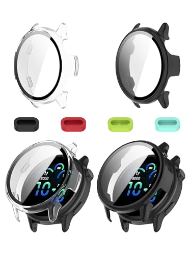 iDaPro [1 Black + 1 Clear] Screen Protector Case for Garmin Vivoactive 6 Full Protective Cover with Built-in 9H Tempered Glass & 4 Silicone Dust Plugs Hard PC Shell Complete Protection for Running Gym