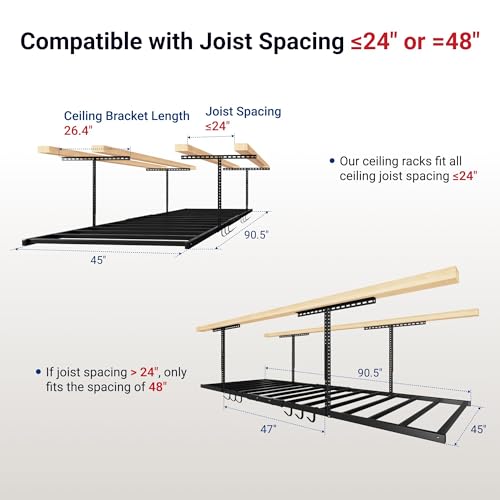 FLEXIMOUNTS-4x8-Overhead-Garage-Ceiling-Storage-Rack-with-6-Hooks-Black-750lbs-Capacity-226394-Adjustable-Dropdown-Heavy-Duty-Metal-Ceiling-Racks-Storage-Organization-System-Lite-Series