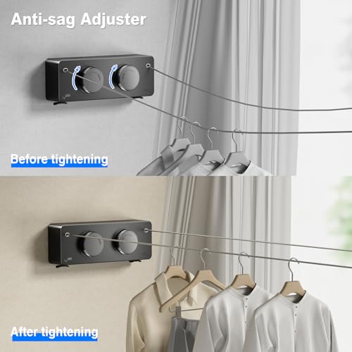 Image of MUSTORN Retractable Twin Clothesline Indoor, Non-Sagging Outdoor Clothes Line Retracting Heavy Duty Clothes Drying Laundry Line Wall Mounted Stainless Steel Line-13.8Feets(Double Line-Black)