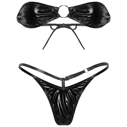 Kaerm Conjunto de bikini para mujer con aspecto mojado, sexy, con tirantes, tirantes, ropa interior de dos piezas, Negro , Talla única