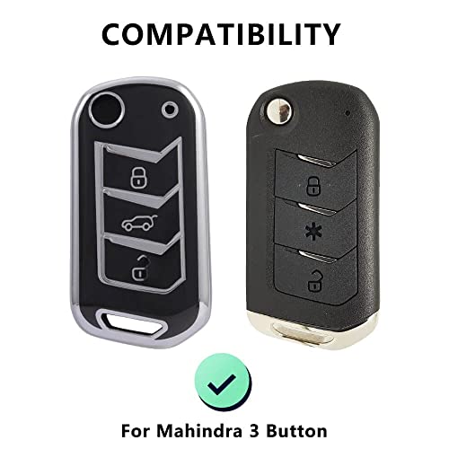 Image of Keyzone TPU Car Key Cover Compatible for: Scorpio-N, TUV 300 Plus, XUV 300, XUV700, Marazzo, Bolero 2020, Scorpio, Thar Flip Key (Silver Black with Zinc Alloy Keychain)