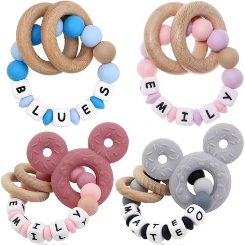 Presonalized Teether Baby Rattle with Name, Customizable Silicone Sensory Rattle with Natural Organic Beech Wood Rings for Girls Baby Shower Toys