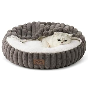 Cat Bed with Hooded Blanket, Round Fluffy Anti-Anxiety Pet Bed for Cats/Toy Breed Dogs, Cozy Donut Cuddler with Machine Washable Faux Fur & Anti-Slip Bottom(20″×20″×6″,Grey)