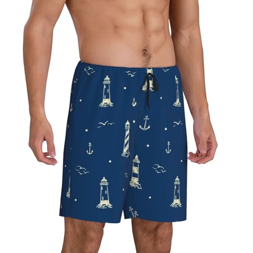 Lighthouses And Anchors Print Men’s Sleep Shorts Bottoms Soft Comfy Pajama Wear Pants With Drawstring Pockets2