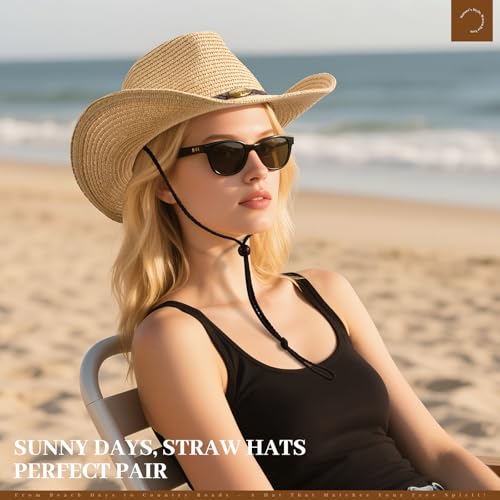 Image of Western Straw Cowboy Hat for Women Beach Sun Hat for Men Wide Brim Fedora Hat Cowgirl Hats Summer Panama Hat