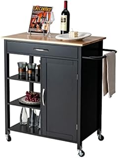 COSTWAY Kitchen Island on Wheels, Mobile Storage Trolley with 3-Tier Open Shelf, Deep Drawer and Single Door Cabinet, Woden Serving Utility Cart Organiser for Dining Room Bar Restaurant (Black)