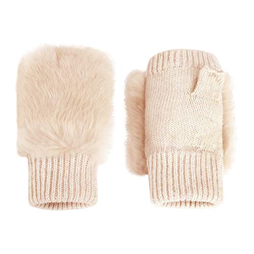 Women Girls Knitted Mitten Gloves with Rabbit Fur Winter Warm Fingerless Gloves4