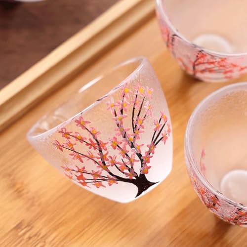 GRCQLWT Cherry Blossom Design Japanese-Style Sake Set with Warmer Glass Carafe and 4 Cups Ideal for Sake Soju Traditional Liquor Sake Drinking Set (Pink)