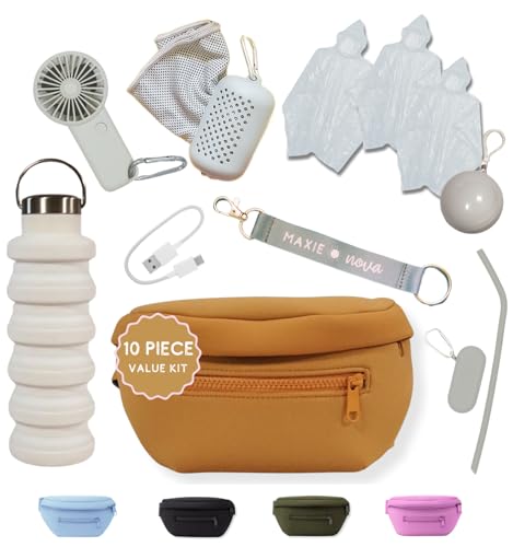 Maxie & Nova Theme Park Essentials Fanny Pack for Women -10 Pieces, Cruise Ship Essentials including USB Fan, Collapsible Water Bottle, Disposable Ponchos, Cooling Towel, Silicone Straw - (Gold)