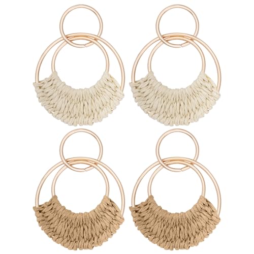 hoyuwak 2 Pairs Rattan Weave Earrings Boho Raffia Dangle Hoop Earrings Handmade Straw Wicker for Women Summer Beach Party, Beige Khaki