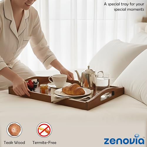 Image of ZENOVIA Handmade Teak Wood Serving Tray with Handles | Tea & Coffee Tray | Ottoman & Coffee Table Tray | Decorative Kitchen & Dining Platter | S Size (26 x 15 x 4.5 cm) | 26 x 15 x 4.5 cm, Tea & Coffee Tray, Ottoman & Coffee Table Tray, Decorative Kitchen & Dining Platter