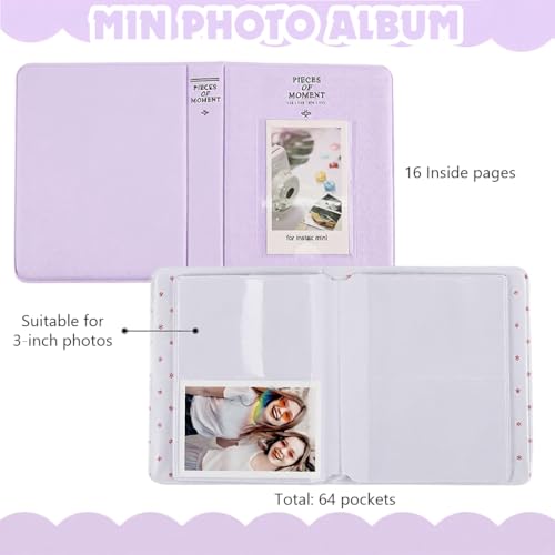 Image of ZIBUYU Photo Album for Instax Mini 12 11 9, 64 Pockets, PU Cover, Purple | Clear Sleeves Support Easy Viewing, Portable Memory Album for Family Travel Moments