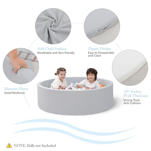 SHJADE Foam Ball Pit, 47.2"x 13.8" Large Ball Pits for Toddlers, Soft Round Kiddie Baby Playpen Ball Pool for Kids, Ideal Gift for Babies Indoor and Outdoor Game, Grey, (Balls not Included)