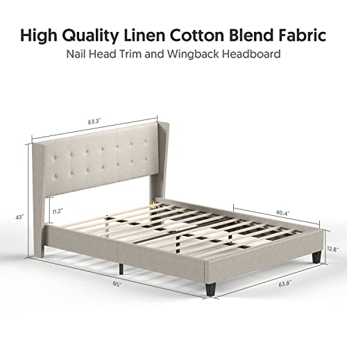 Bonsoir Bed Frame Upholstered Traditional Low Profile Platform With Wing Back Headboard/No Box Spring Needed/No Bed Skirt Needed/Linen Fabric Upholstery/Sand (Sand, Queen Size) #TOP2