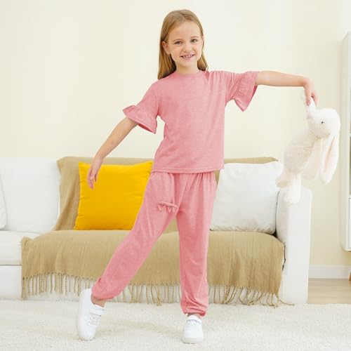 Image of Kids Girls Outfits Ruffle Sleeve T-Shirt Pants Set 2Piece 4-13 Years