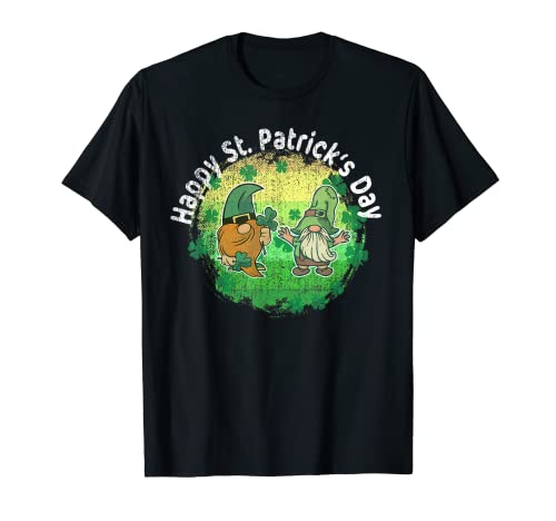 Feliz Día de San Patricio Gnomos Duende Retro Atardecer Trébol Camiseta