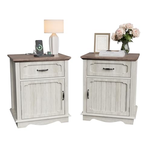 Halitaa Nightstands Set of 2 with Charging Station, Bedside Table with Large Drawer, White Side Table with Storage Cabinet and Adjustable Shelf, Farmhouse End Table for Bedroom