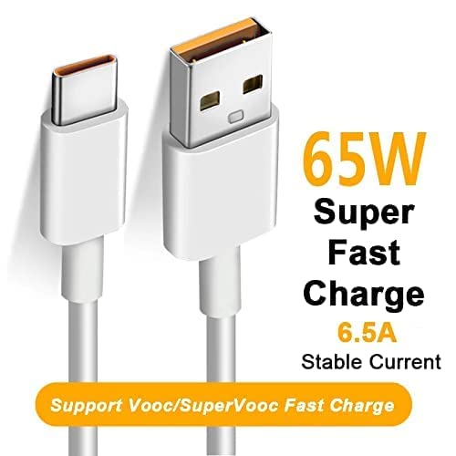 Image of The Black Store 65W SuperVooc USB To Type C Fast Charging Cable for Realme XT|XT 730G|X2|C12|Oppo Reno 6|5|Reno 4 Pro 5G Realme Narzo 20A|6|7|7 Pro (Only Cable),Black