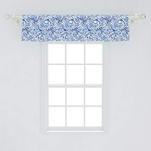 Lunarable Jacobean Window Valance, Abstract Persian Inspired Paisley Design With Floral Elements Grunge Ornate, Curtain Valance For Kitchen Bedroom Decor With Rod Pocket, 54" X 12", White Blue #TOP1