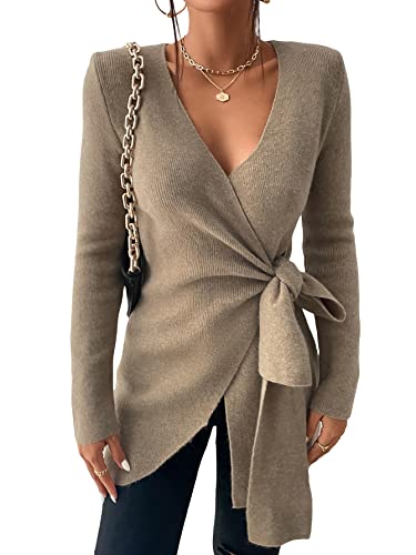 Makemechic Women's Long Sleeve V Neck Tie Side Wrap Sweater Top Knit Cardigan Khaki S #TOP24