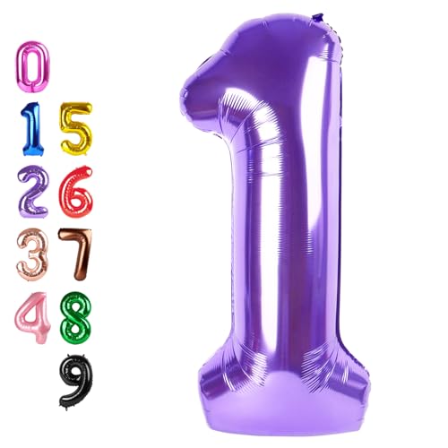 Image of Number Balloons Purple 1 Balloon 40 inch for 1st Birthday Party Decorations | Saturated Color, Large 40 in, With Straw & Hanging Hole, For Back-to-School Season, Wedding, Christmas, New Year, Anniversary