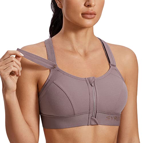 Image of SYROKAN Womens' Sports Bra High Impact Support Zip Front Adjustable Large Bust Racerback Wirefree Padded