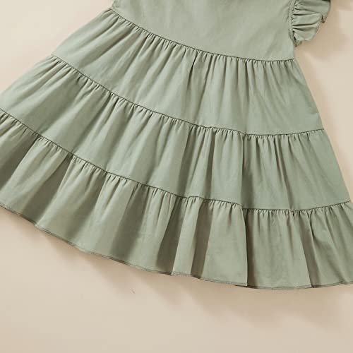 Toddler Baby Girl Cotton Linen Dress Ruffle Sleeve Vintage Button Casual Party Dresses (Green,3-4T) #TOP6