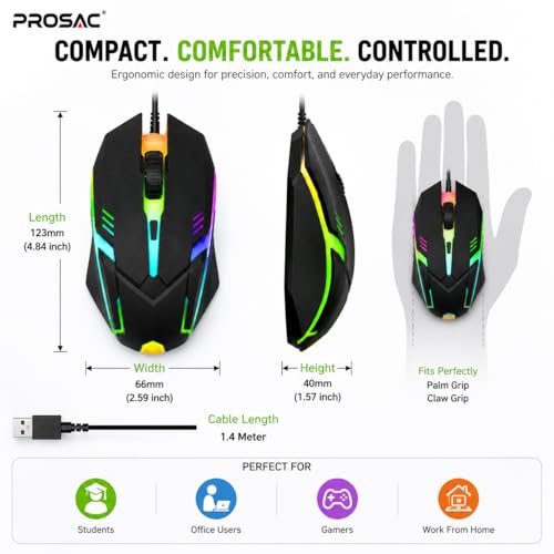 Image of PROSAC Ergonomic RGB Wired Mouse | 3-Button Optical Gaming Mouse | USB Plug & Play for Windows PC, Laptop, Mac & Desktop