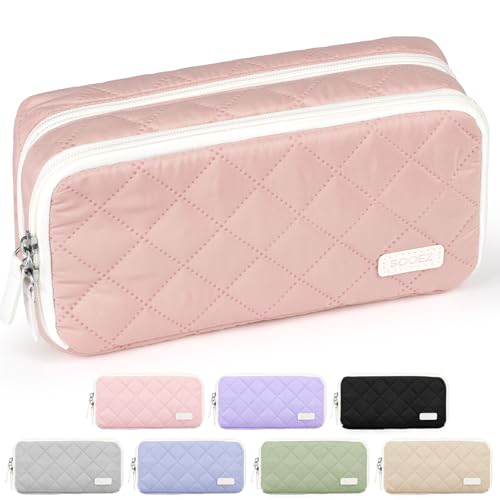 Image of Sooez Large Pencil Case Pouch, Extra Big Pencil Bag with 8 Compartments, Pen Bag Wide Opening, Soft Quilted Pencil Pouch Organizer with Zipper, Portable Pencil Case for Teen Girls, Rose Pink
